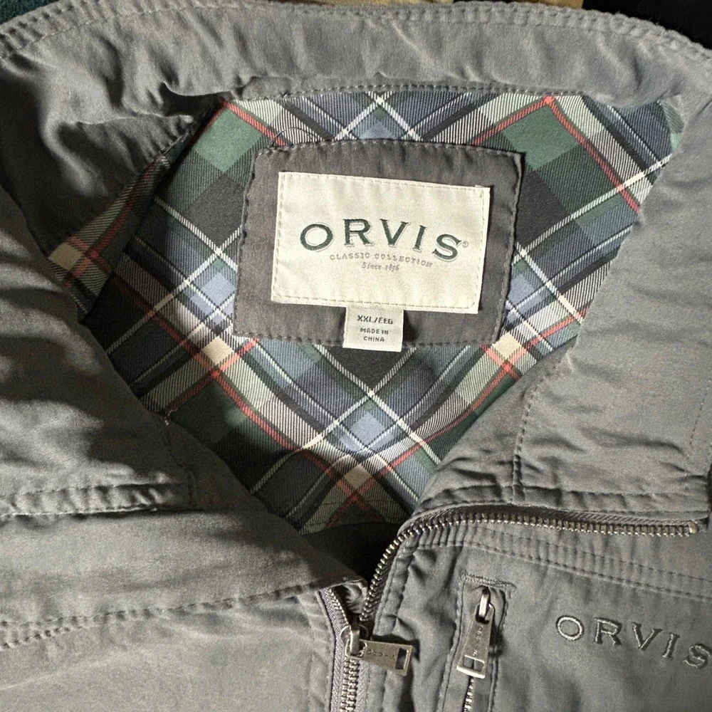 Orvis Windbreaker Jacket Mens XXL Gray Solid Full Zip Plaid Lined Outdoor Pocket